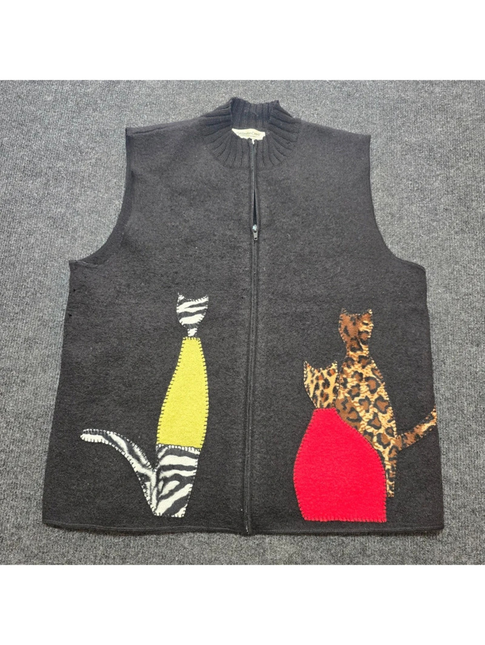 Vtg Coldwater Creek Boiled Wool Cat Vest Large Whimsigoth Quirky Art To Wear Zip